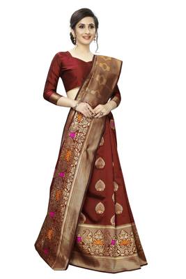 Maroon woven banarasi silk saree with blouse 2