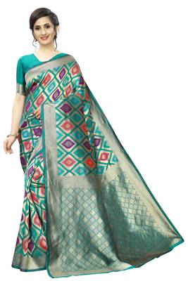 Turquoise woven banarasi silk saree with blouse 1