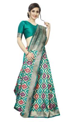 Turquoise woven banarasi silk saree with blouse 2