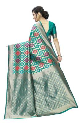 Turquoise woven banarasi silk saree with blouse 3
