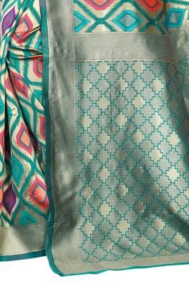 Turquoise woven banarasi silk saree with blouse 4