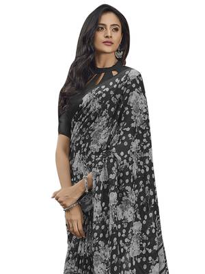 Black printed linen saree with blouse 2