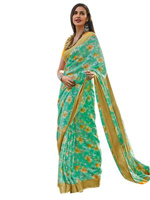 Green printed cotton poly saree with blouse 1