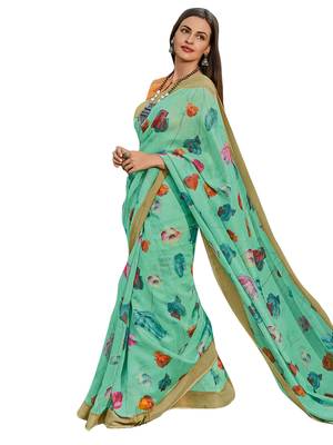 Green printed cotton poly saree with blouse 1