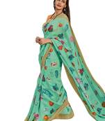Green printed cotton poly saree with blouse