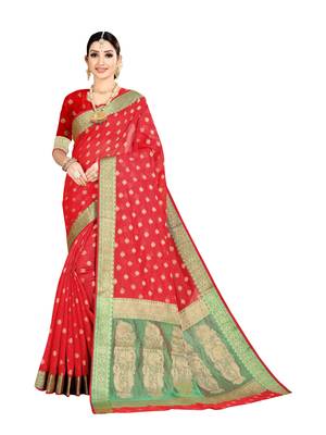 Red woven banarasi silk saree with blouse 1