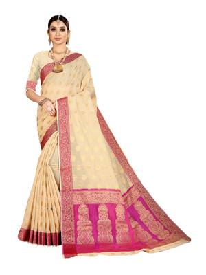 Beige woven banarasi silk saree with blouse 1