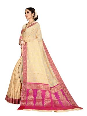 Beige woven banarasi silk saree with blouse 2