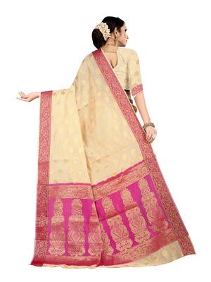 Beige woven banarasi silk saree with blouse 3
