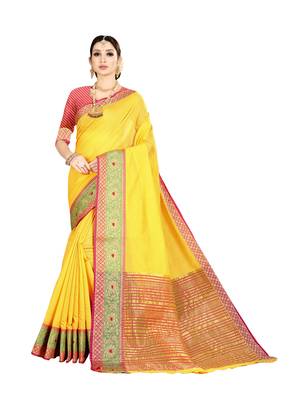 Yellow woven kanchipuram silk saree with blouse 1