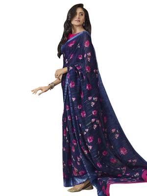 Navy blue printed linen saree with blouse 1