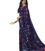 Navy blue printed linen saree with blouse