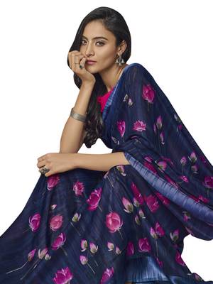 Navy blue printed linen saree with blouse 2