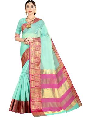 Turquoise woven kanchipuram silk saree with blouse 1