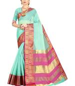 Turquoise woven kanchipuram silk saree with blouse