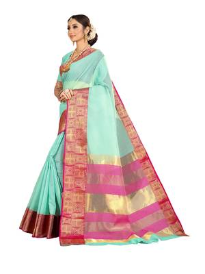 Turquoise woven kanchipuram silk saree with blouse 2