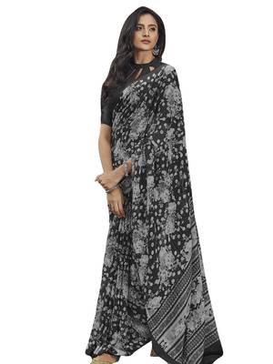 Black printed linen saree with blouse 1