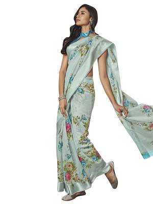 Sky blue printed linen saree with blouse 1