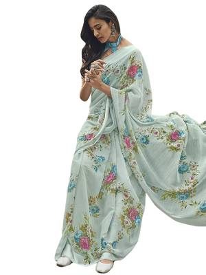 Sky blue printed linen saree with blouse 2