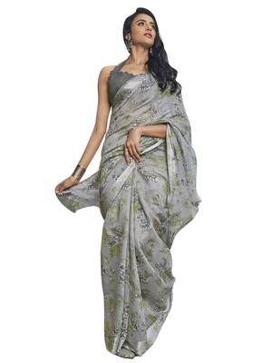Grey printed linen saree with blouse 1