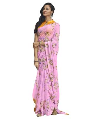 Pink printed linen saree with blouse 1