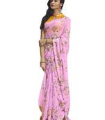 Pink printed linen saree with blouse