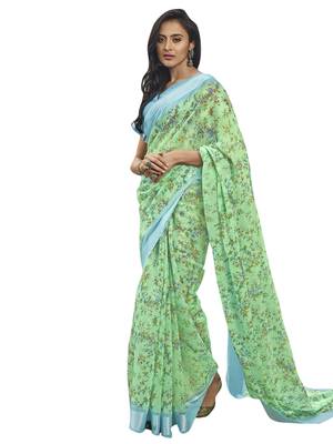 Green printed linen saree with blouse 1