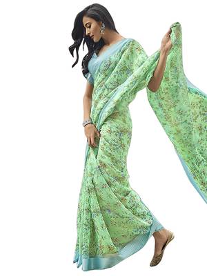Green printed linen saree with blouse 2