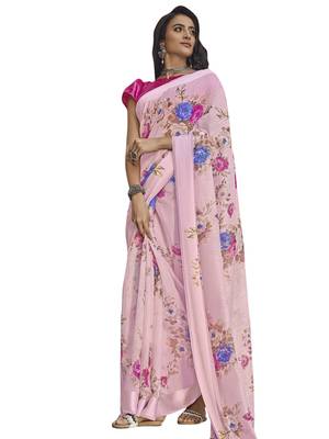 Pink printed linen saree with blouse 1