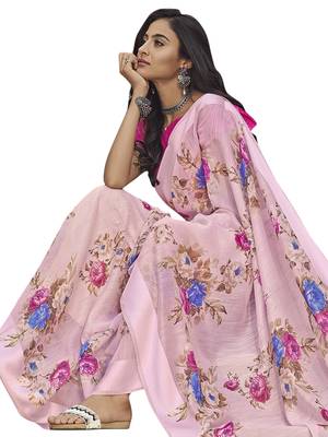 Pink printed linen saree with blouse 2