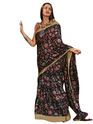 Black printed cotton poly saree with blouse 1