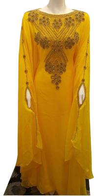 yellow georgette moroccan islamic dubai kaftan farasha zari and stone work dress 1