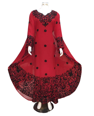 red georgette moroccan islamic dubai kaftan farasha aari and stone work dress 1
