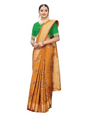 Mustard woven poly silk saree with blouse 4
