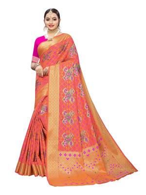 Peach woven poly silk saree with blouse 1