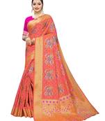 Peach woven poly silk saree with blouse