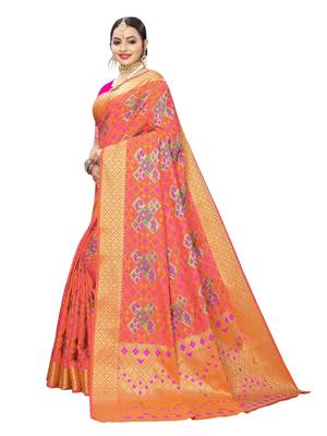 Peach woven poly silk saree with blouse 2