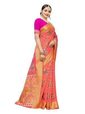 Peach woven poly silk saree with blouse 3