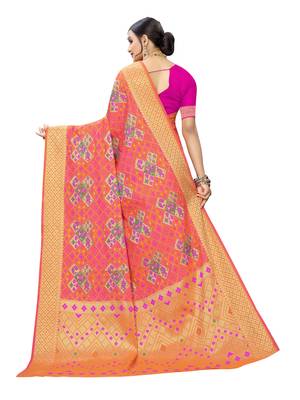 Peach woven poly silk saree with blouse 4
