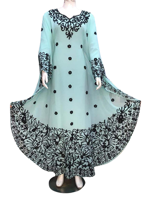 sea green georgette moroccan islamic dubai kaftan farasha aari and stone work dress 1