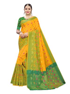 Yellow woven chanderi saree with blouse 1