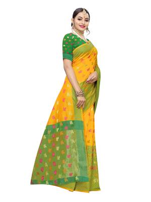 Yellow woven chanderi saree with blouse 3