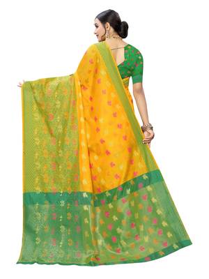 Yellow woven chanderi saree with blouse 4