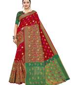 Red woven chanderi saree with blouse