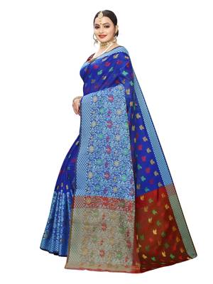 Blue woven chanderi saree with blouse 2