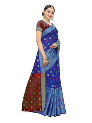 Blue woven chanderi saree with blouse 3
