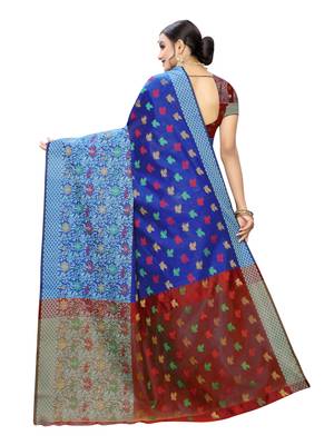 Blue woven chanderi saree with blouse 4