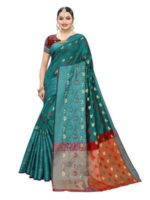 Turquoise woven chanderi saree with blouse 1