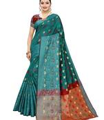 Turquoise woven chanderi saree with blouse