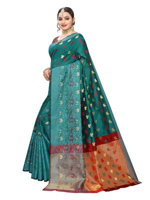 Turquoise woven chanderi saree with blouse 2